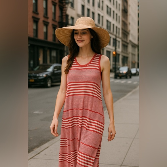 Zenobia-Bawas | Maxi Asymmetric Rouched White & Red Stripped Dress made in Italy - Picture 1 of 9